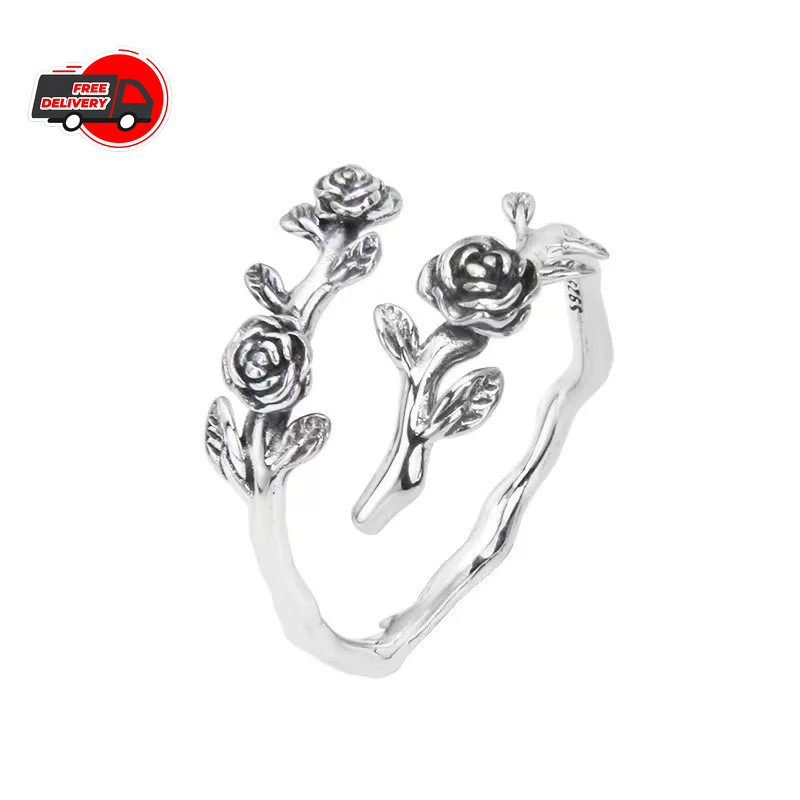 925 Sterling Silver Roses Branch Adjustable Rings For Women Engagement Wedding
