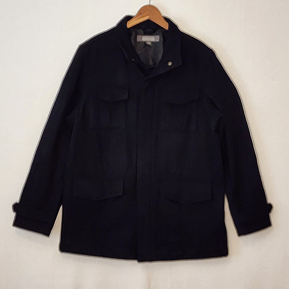 Kenneth Cole Reaction Mens XL Black Wool Blend Stand Collar Zip Snap Coat  -image