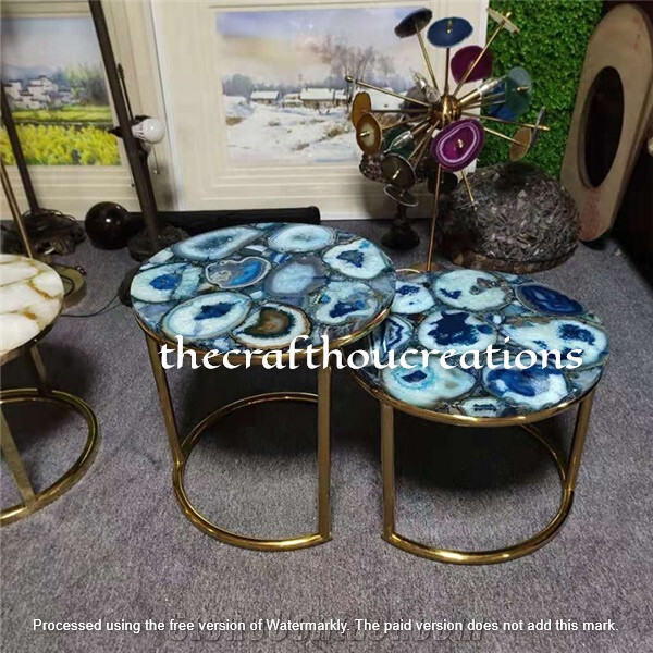 Blue Agate Stone Coffee Table Top 15x15 Inches Natural Nesting Side Table