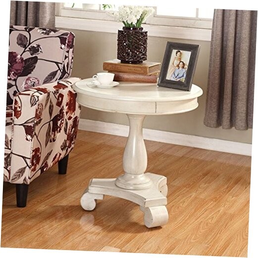 Rene Round Wood Pedestal Side Table in Antique White Finish