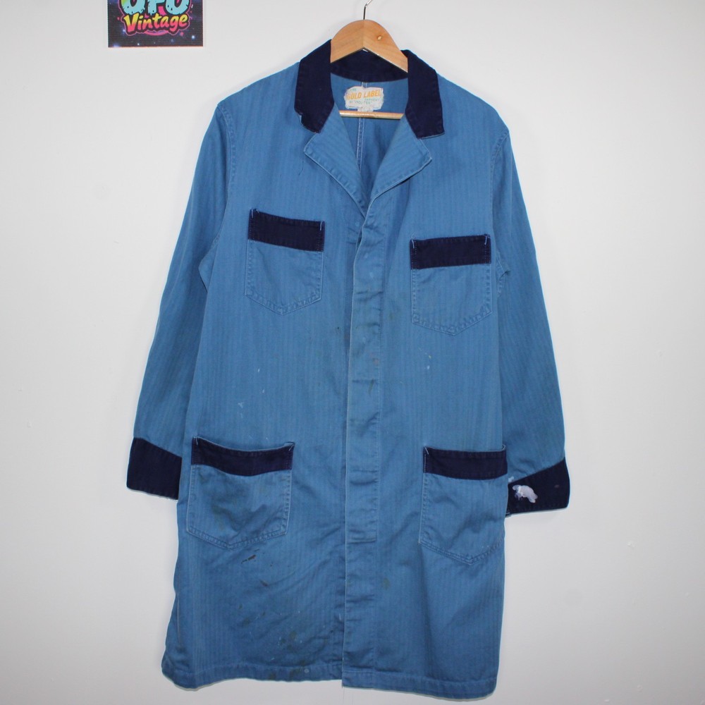 Vintage Canadian Chore Coat Mens Fitted Large Dusty Blue 1972 Paslode Tool Shop