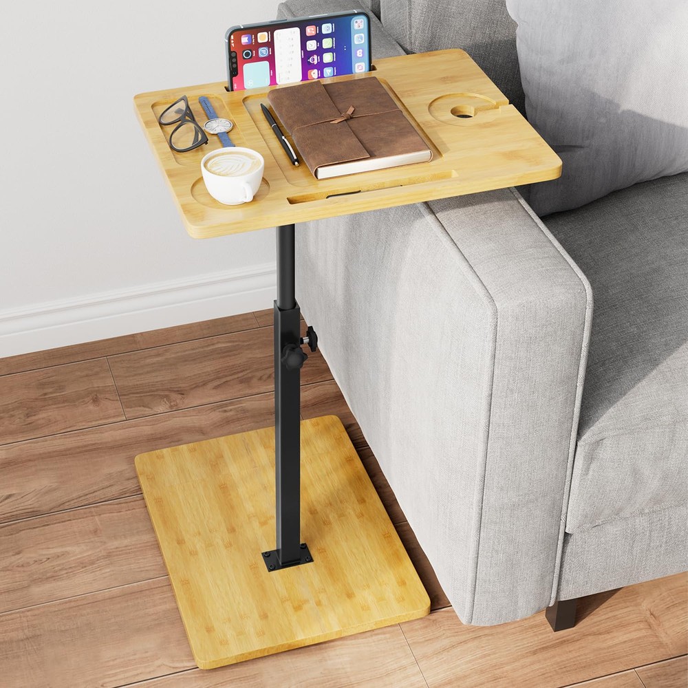 Bamboo C Table End Table Adjustable Height, 360°Swivel Wider TV Tray Table fo...