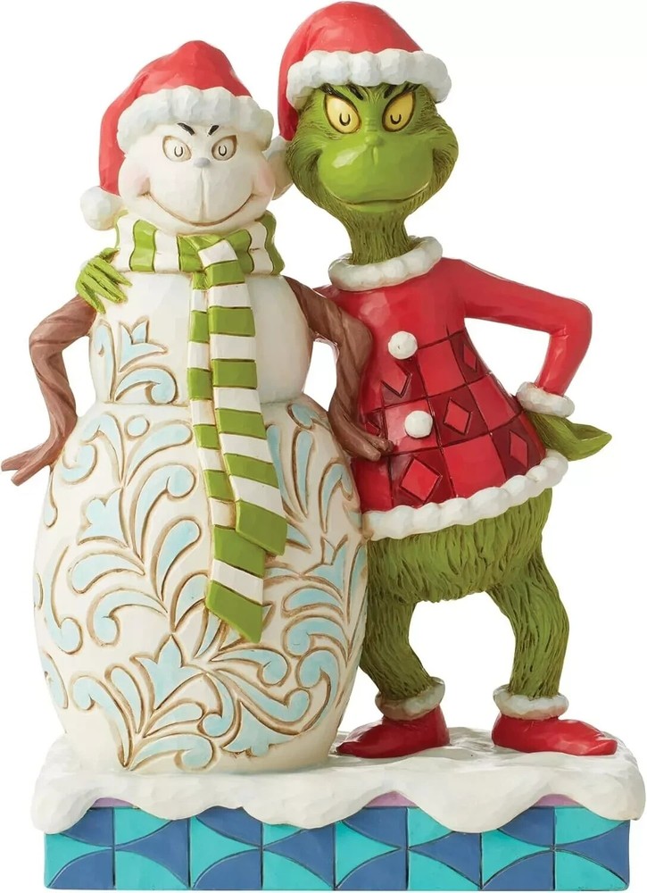 Grinning Grin and Snowman Santa Grinch Figurine, Resin Hand Painted , 7.8 Inch,