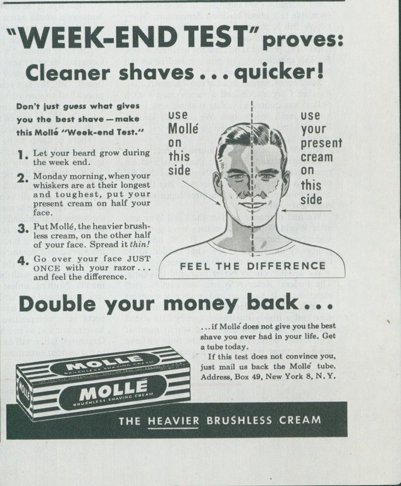 Molle 1949 crema de afeitar sin escobillas prueba de fin de semana lo demuestra de colección anuncio impreso C15