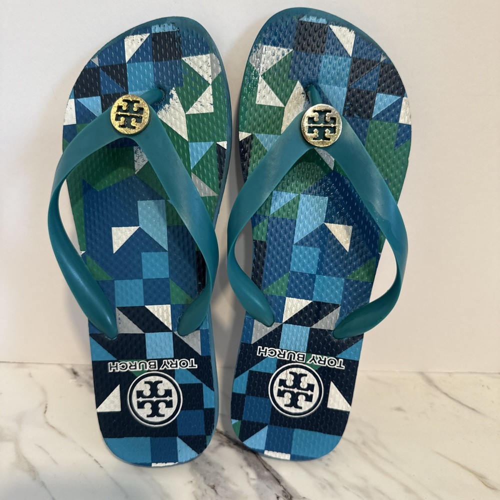 Tory Burch Thin Flip Flops Thongs Flats Blue Geometric Logo Women’s Sz 6 READ…