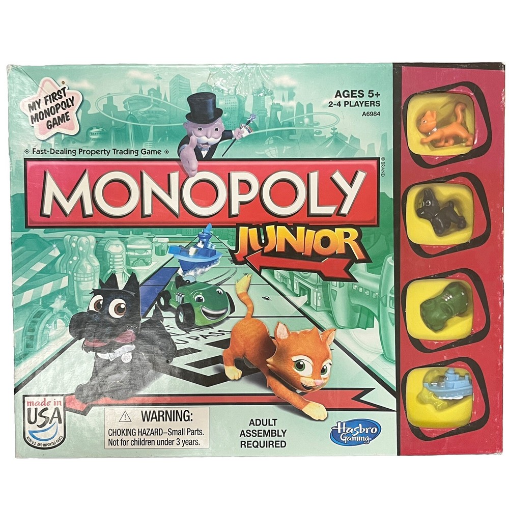 My First Monopoly Junior JR Board Game Hasbro Gaming Cat Dog Car Ship Made USA