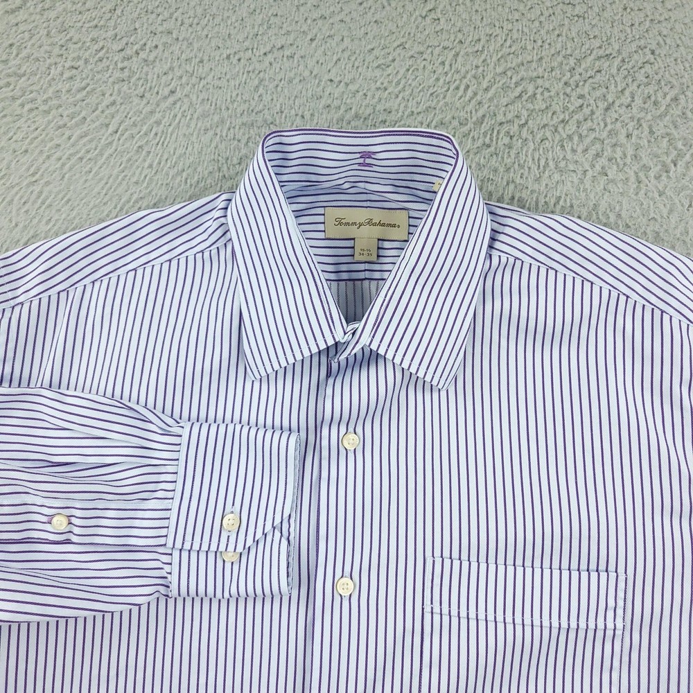Tommy Bahama Dress Shirt Mens 15.5 White Purple Stripe 100% Cotton Long Sleeve