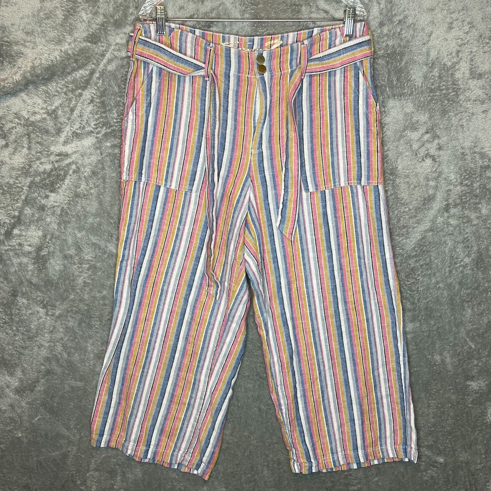 Seven7 Women Colorful Striped Linen Blend Belted Wide Leg Crop High Rise Pant 12