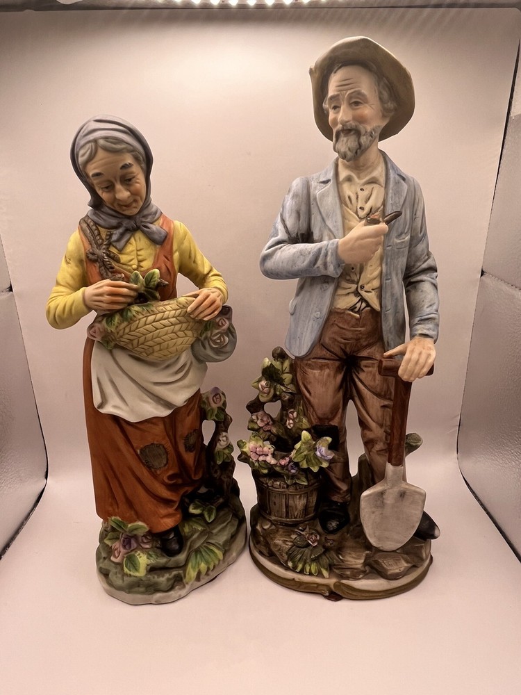 Vintage Large Porcelain Farmer & Wife Figurines  ARDCO Dallas Japan