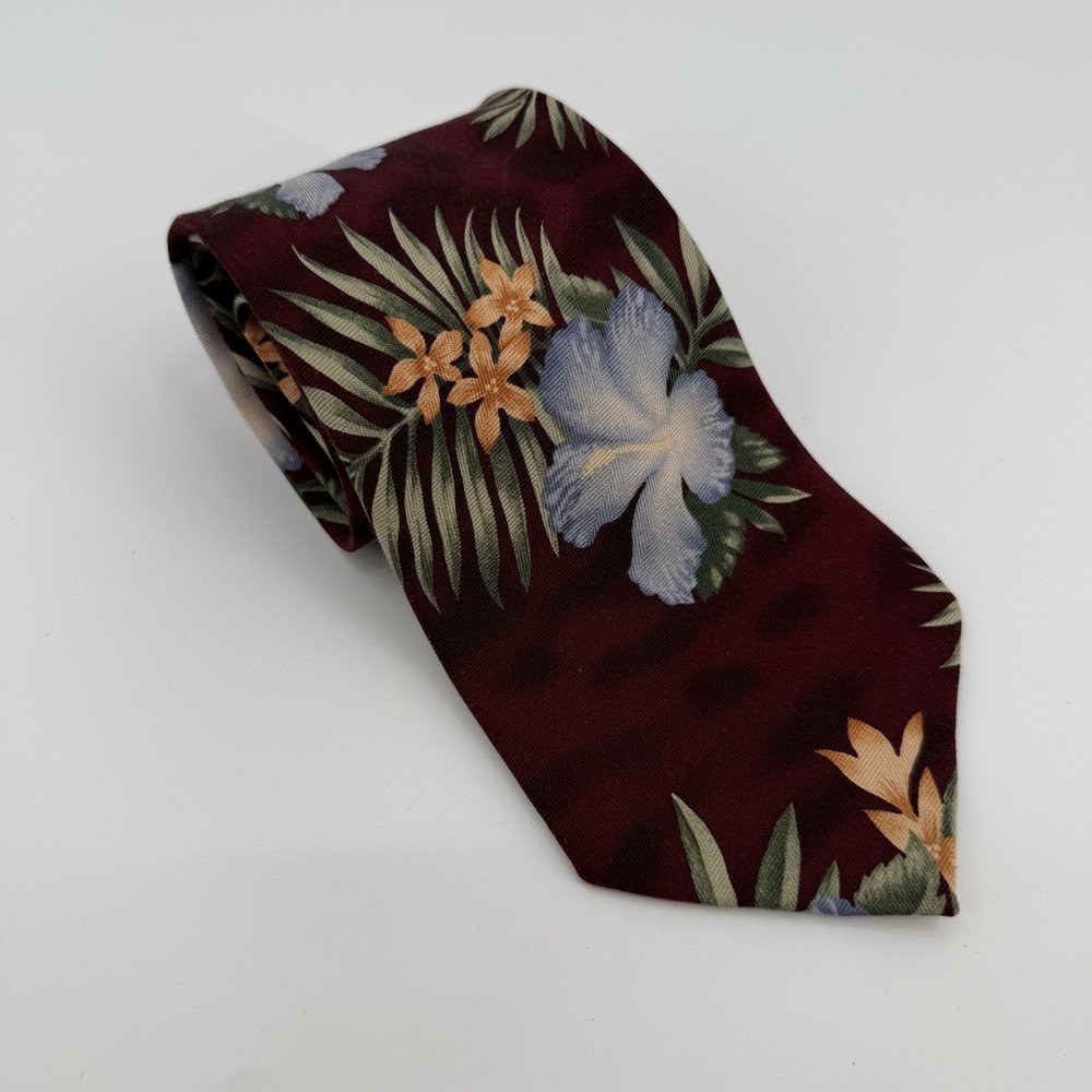 Tommy Bahama Silk Tropical Palm Tree Floral Hawaiian  Tie Burgundy Vintage USA