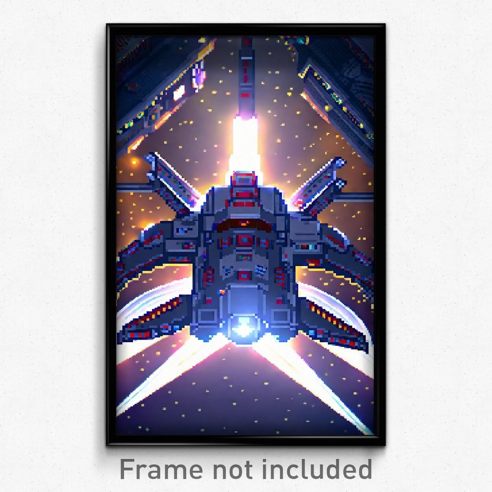 8-Bit Psychedelic Spaceship Pixel Art Poster - Retro Video Game Print