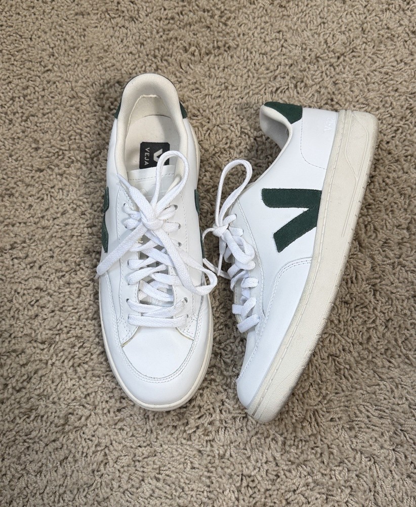 Veja V-12 White Leather Sneakers With Green Accents, Women’s Size 8