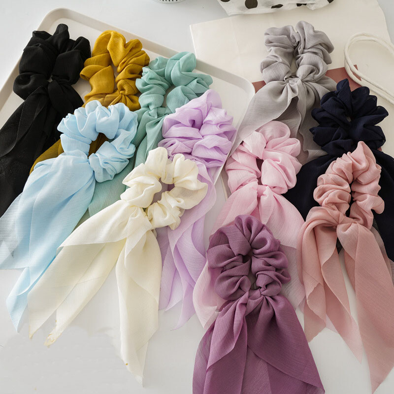 Double Layer Chiffon Bow Scrunchies with Long Streamers Hair Ties Accessories-image