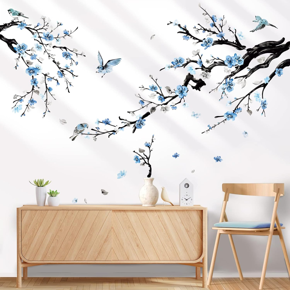 Watercolor Flower Tree Branch Wall Stickers Blossom Blue Floral Birds Peel and S