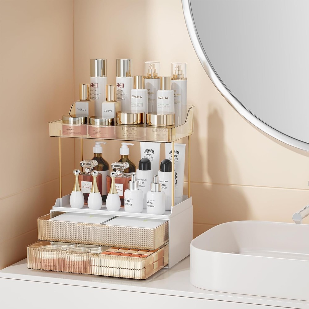 Bathroom Counter Organizer with 2-Drawer, 3 Tier Makeup Amber