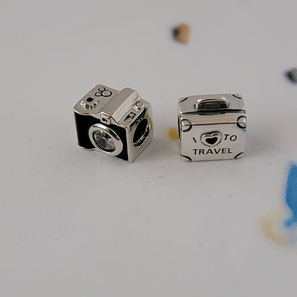 Set of 2 New Pandora Authentic Sentimental Camera and I Love to Travel Suitcase
