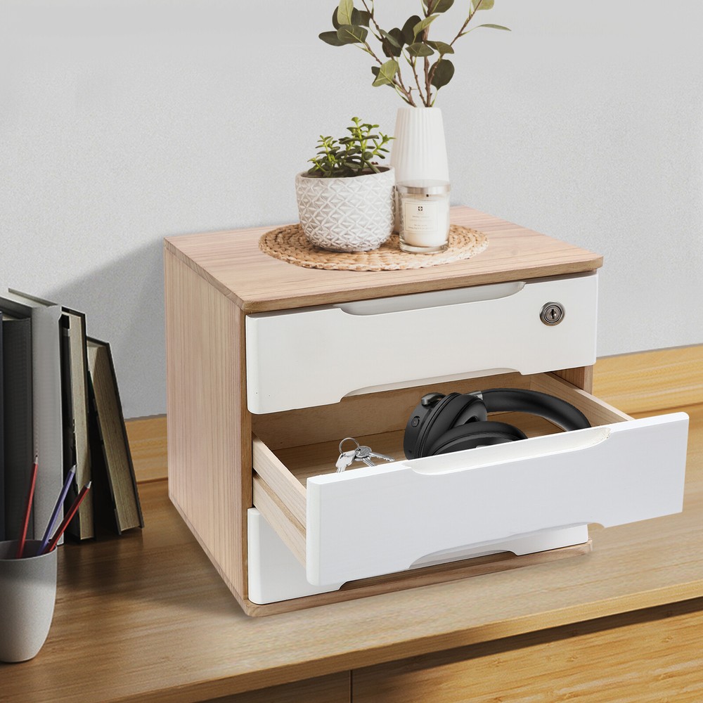 Wooden Desktop Storage Box, Desk Organizer, Desktop Box with Lockable Drawers