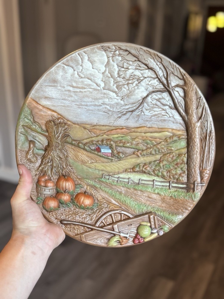 Vintage Ceramic Wall Hanging Fall Art Decor Farm Scene Hand Painted & Signed