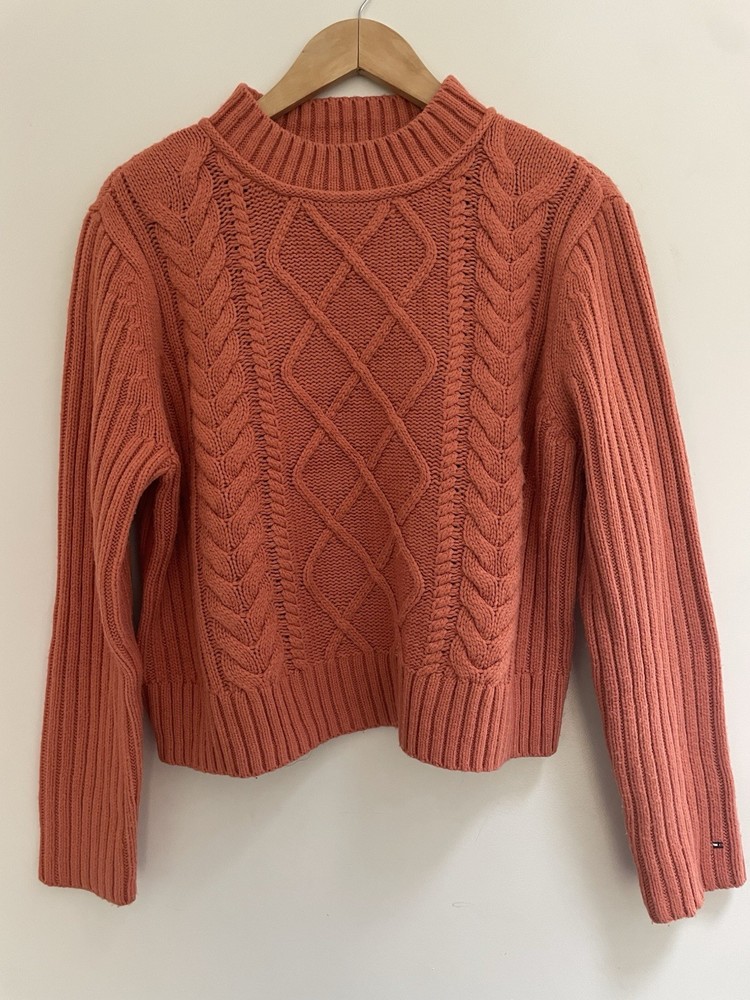 Tommy Hilfiger Women's Solid Orange 100% Acrylic Rib-Knit Mock Neck Sweater L