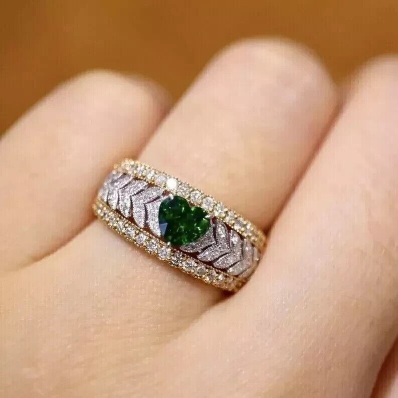 Stunning 14k Two Tone Gold Plated Heart Cut Simulated Emerald Wedding Band