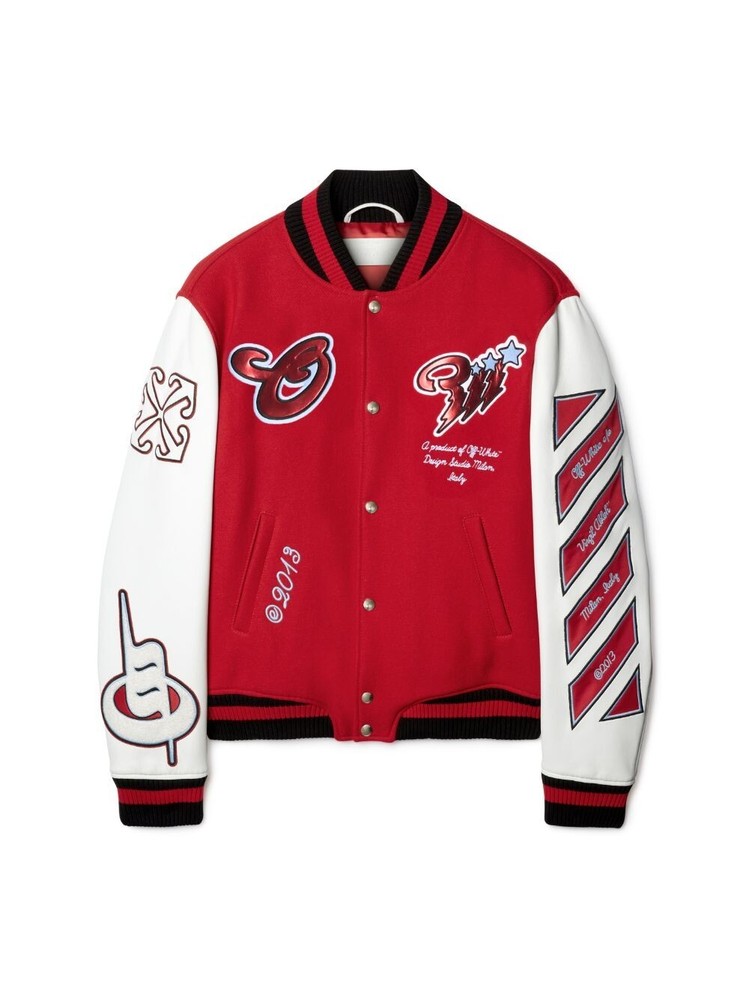 Off-White Unisex Red White Wool Leather Varsity Jacket World Famous