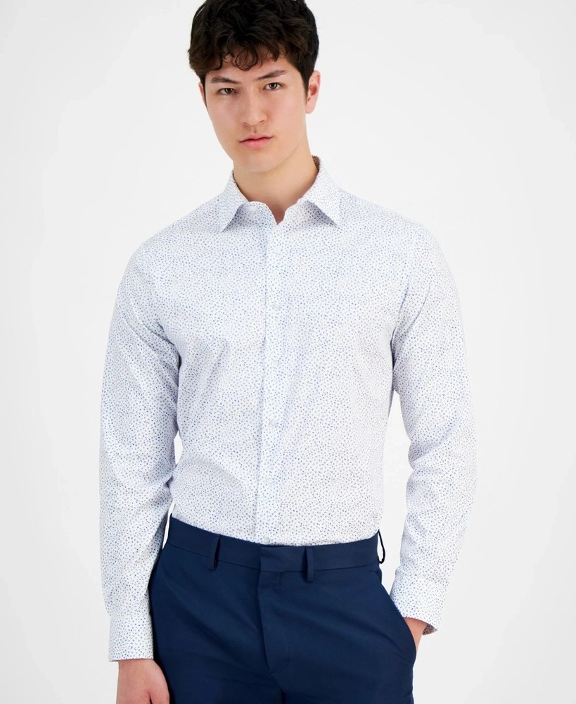 Alfani Mens Slim Fit Dress Shirt  White Geometric - 17-17.5  34/35 XL