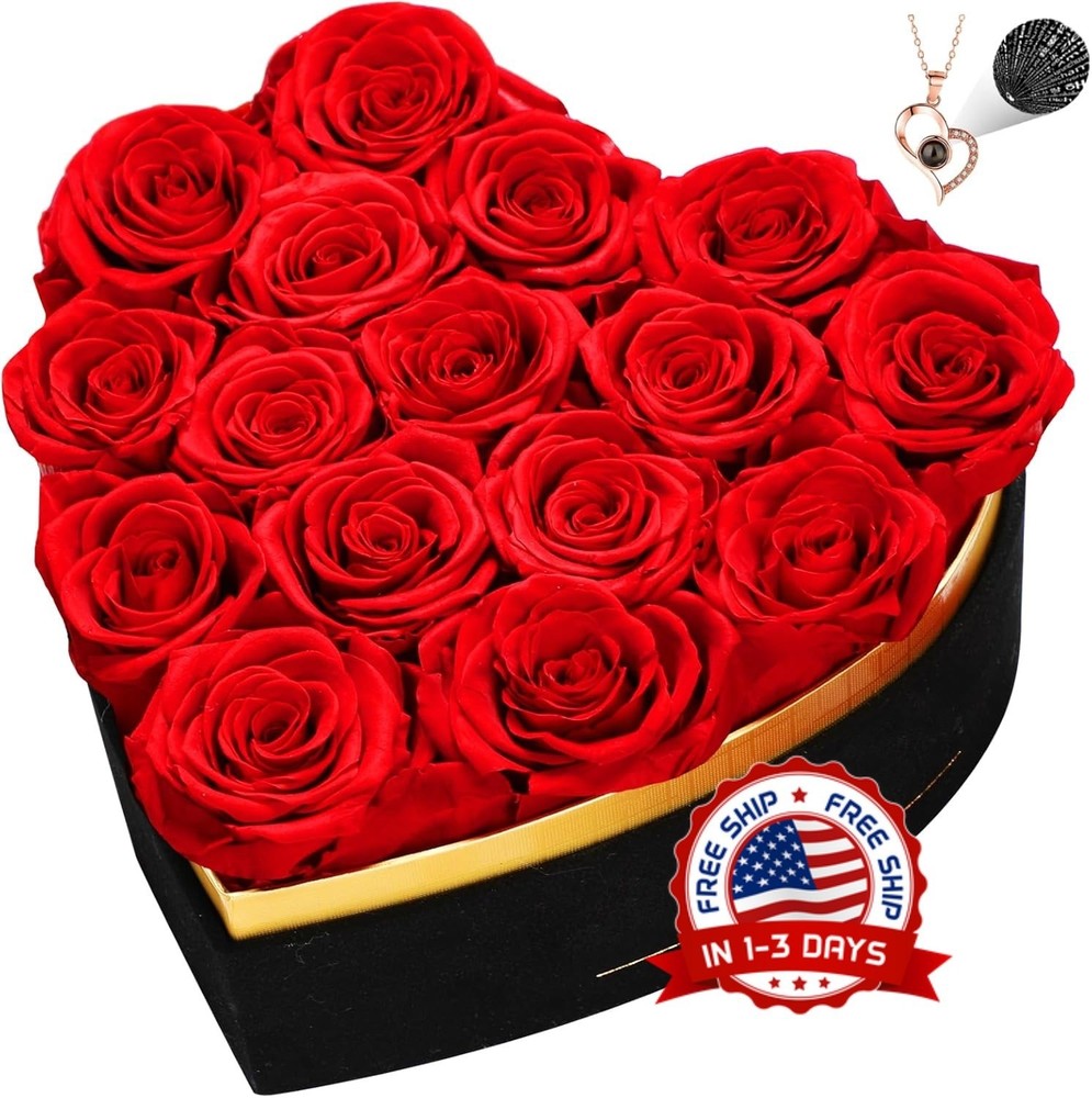 16 rosas preservadas para siempre en una caja de corazón, flores preservadas