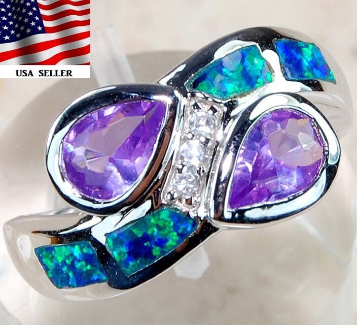 2CT Amethyst & Australian Opal Inlay 925 Sterling Silver Ring Jewelry Sz 6 AB7