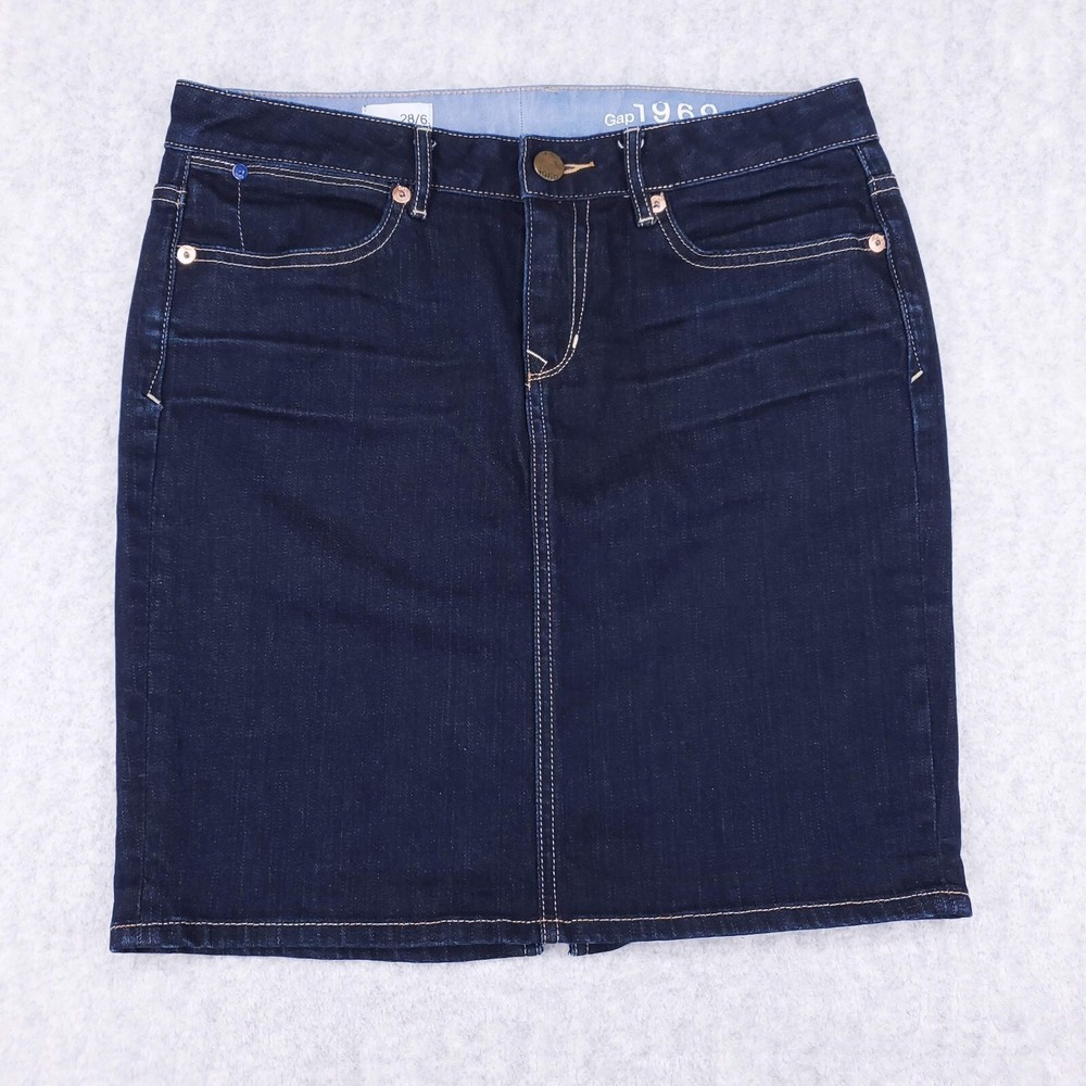 Gap 1969 Classic Dark Wash Blue Denim Skirt Size 28/6 with Pockets Button Zip