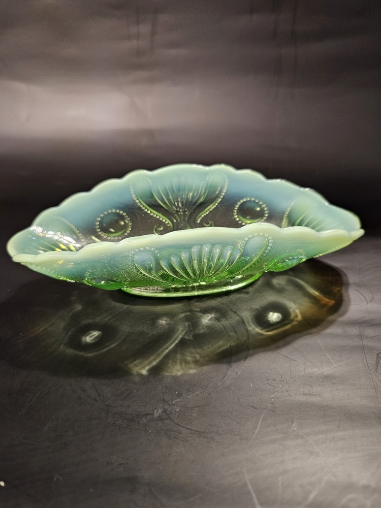 Antique Green Opalescent Glass Bowl Jewel and Fan Jefferson Glass Co