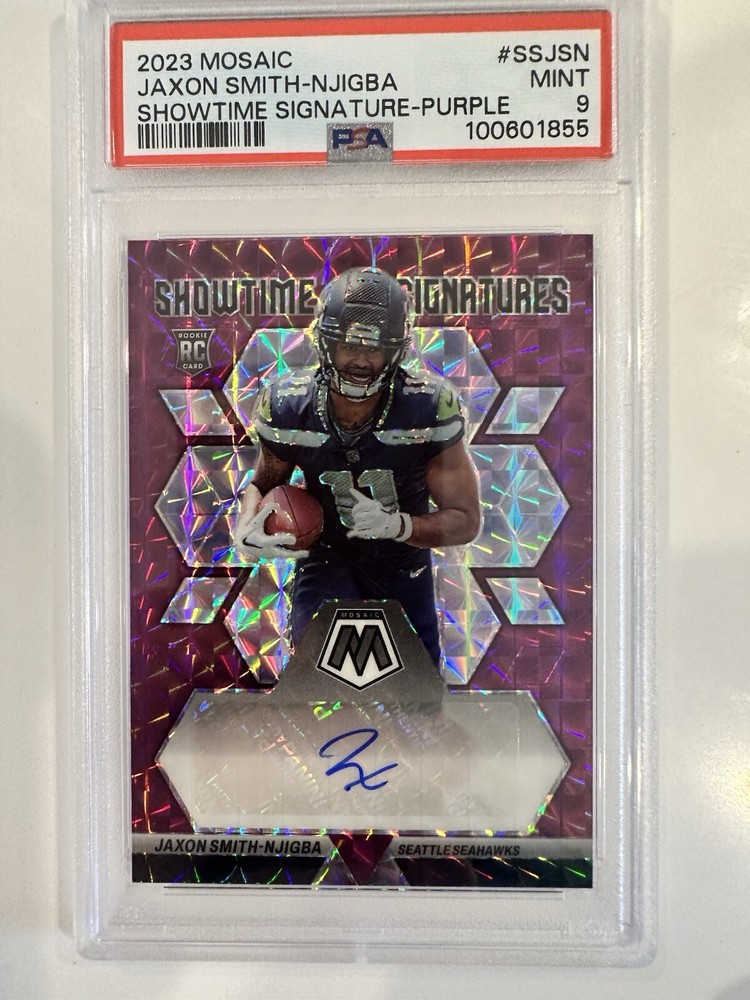 JAXON SMITH-NJIGBA 2023 MOSAIC SHOWTIME ROOKIE PURPLE RC AUTO /49 PSA 9