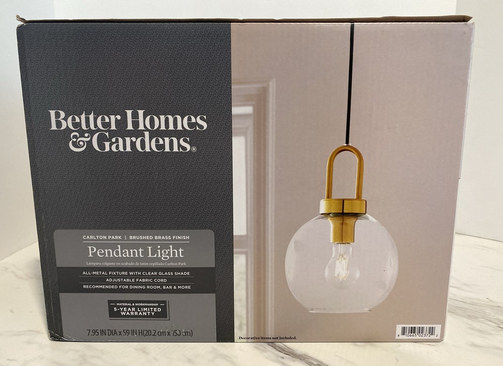 NEW! BETTER HOMES AND GARDEN PENDANT LIGHT Clear Glass Shade Gold Brass