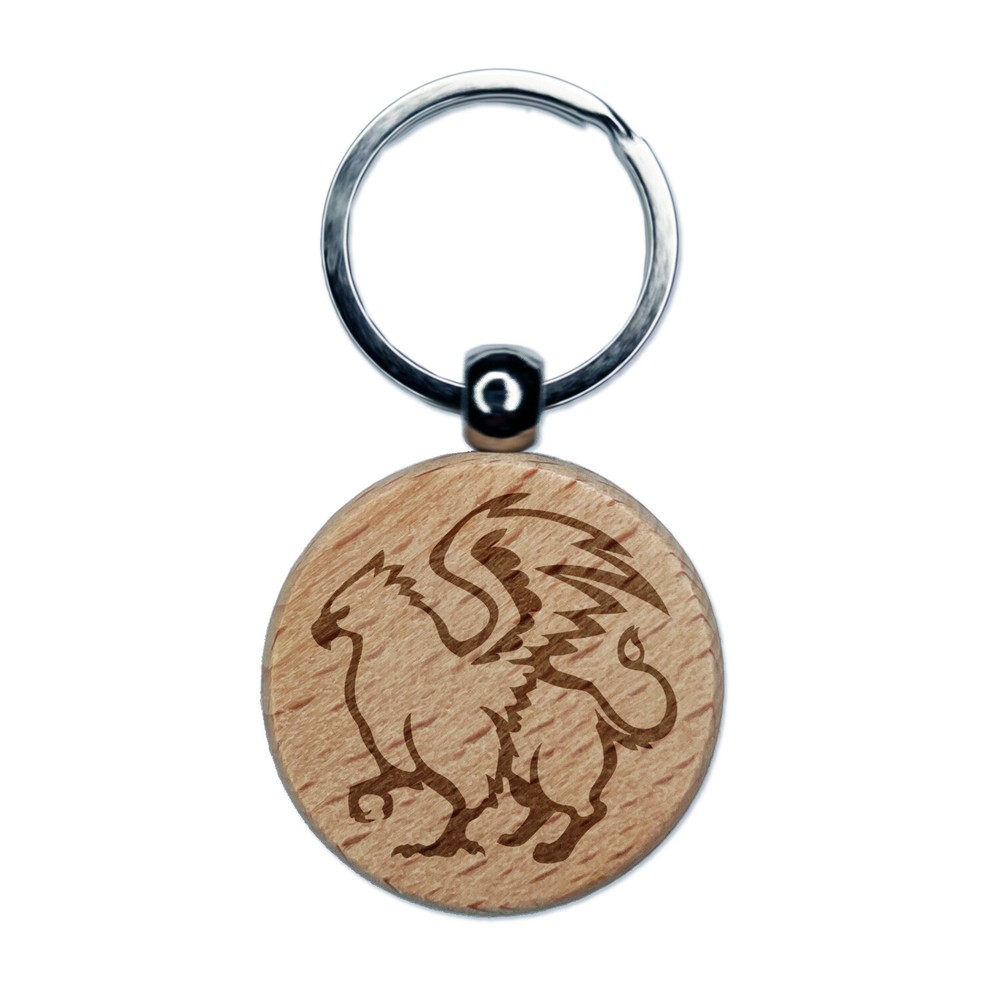 Proud Griffin Fantasy Silhouette Engraved Wood Round Keychain Tag Charm