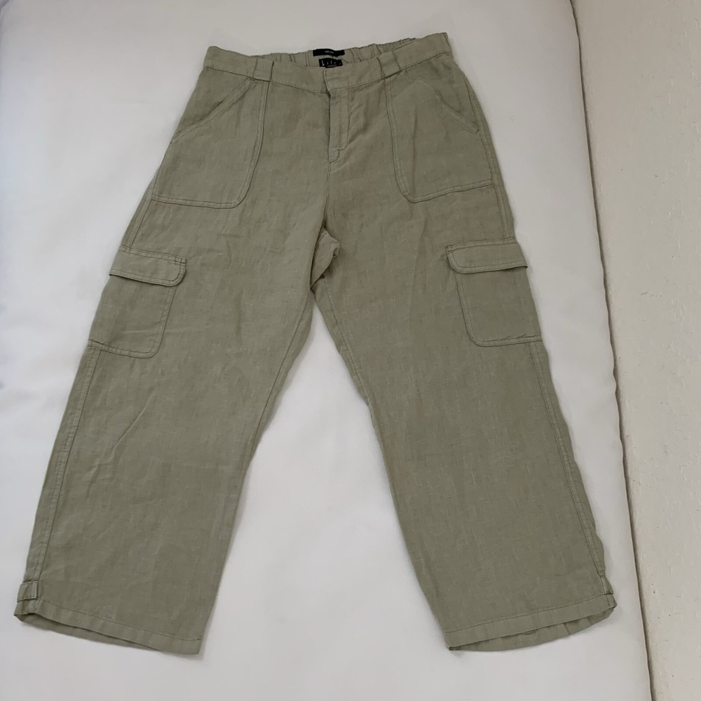 Nicole Miller 100% Linen Pant Women L Sage Green Cargo Crop Coastal Beach Resort