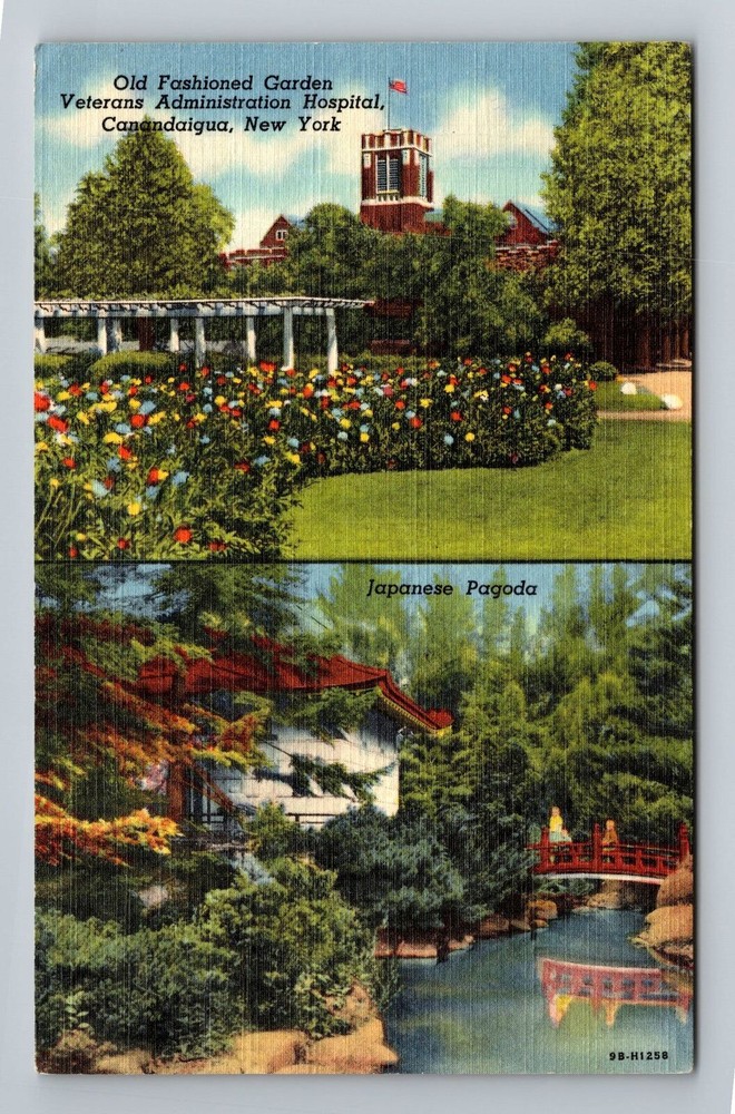 Vintage 1953 Canandaigua NY Postcard Featuring Old Garden and Hospital Scene
