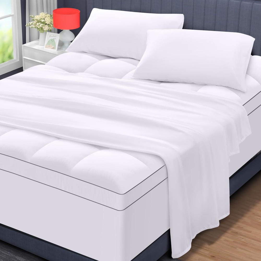 Mattress Topper with Flat Sheet and Pillowcases - Queen Size Extra Thick Matt...