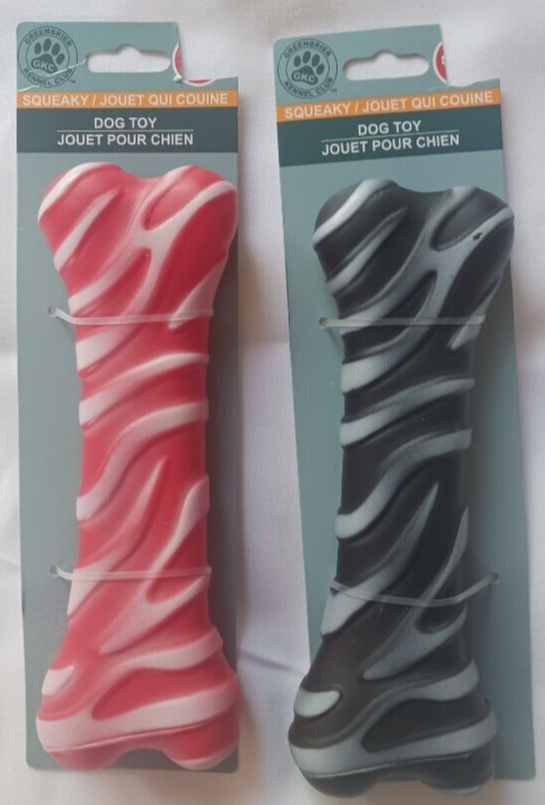 Adorable Squeaky Printed Vinyl Dog Bone Toys 7.25x2.5x1.5in 2pcs Black & Red