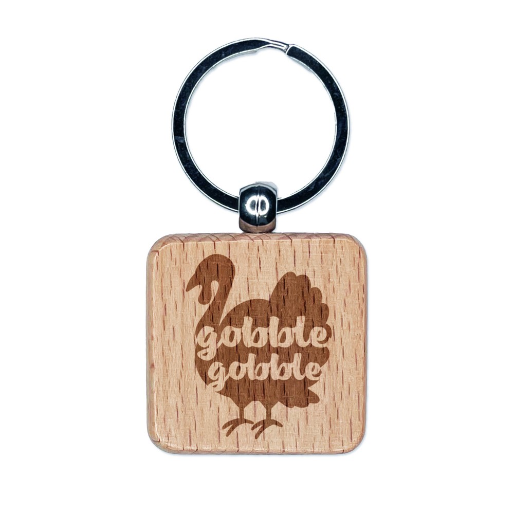 Thanksgiving Turkey Silhouette Wood Keychain with Gobble Gobble Engraving