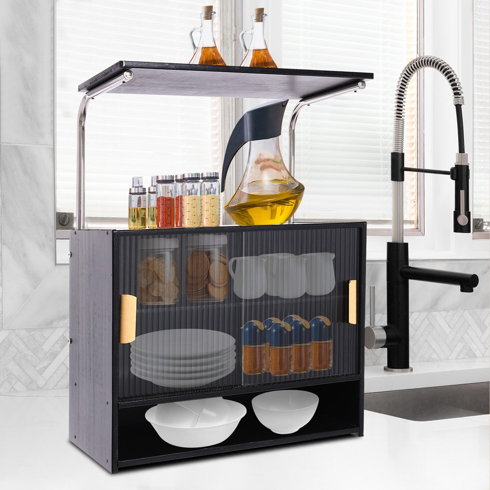 Kitchen pantry storage cabinet with microwave shelf and adjustable storage space  