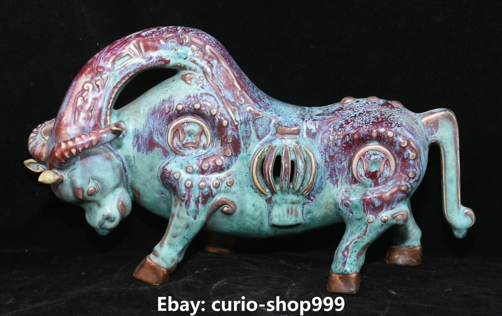 11.8 Inch Song Dynasty Jun Kiln Porcelain Fengshui Zodiac Bull Statue