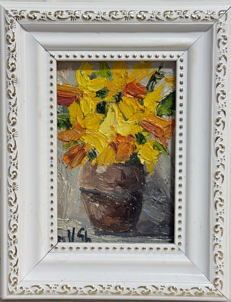 ACEO FRAMED Oil Original Painting Daffodils Art Card Flowers Still life Signed