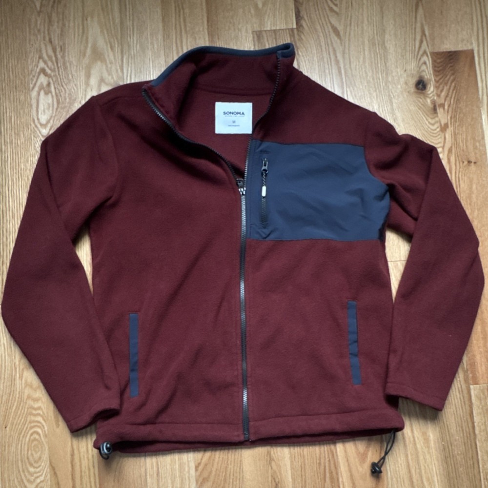 Sonoma Men's Fleece Jacket Burgundy Gray Zip Front Chest Pocket Drawstring Hem M