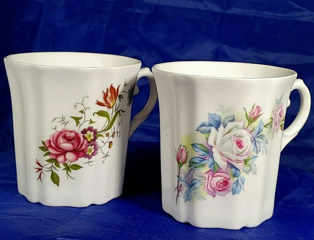 Vtg Pair of Royal Grafton Fine China Coffee or Tea Mugs Pink and Red Roses