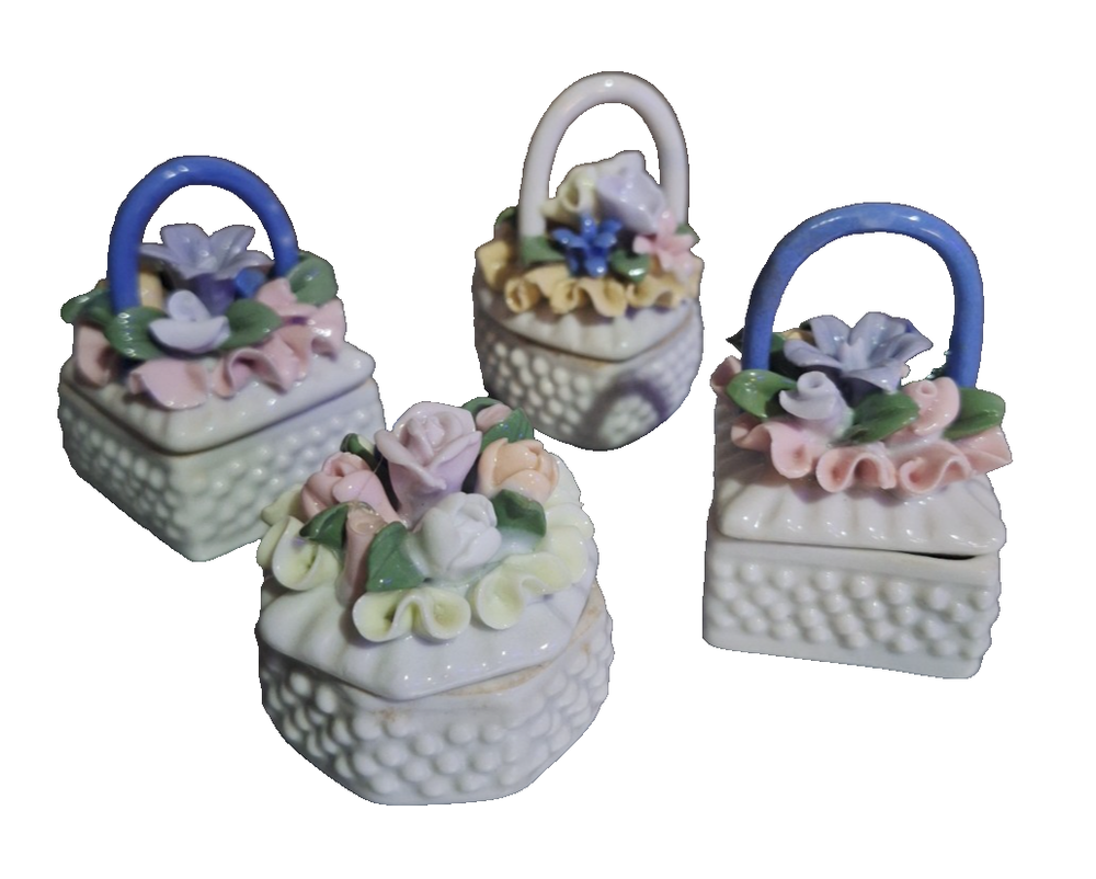 Set of 4 Mini Porcelain Trinket Boxes Flower Bouquet