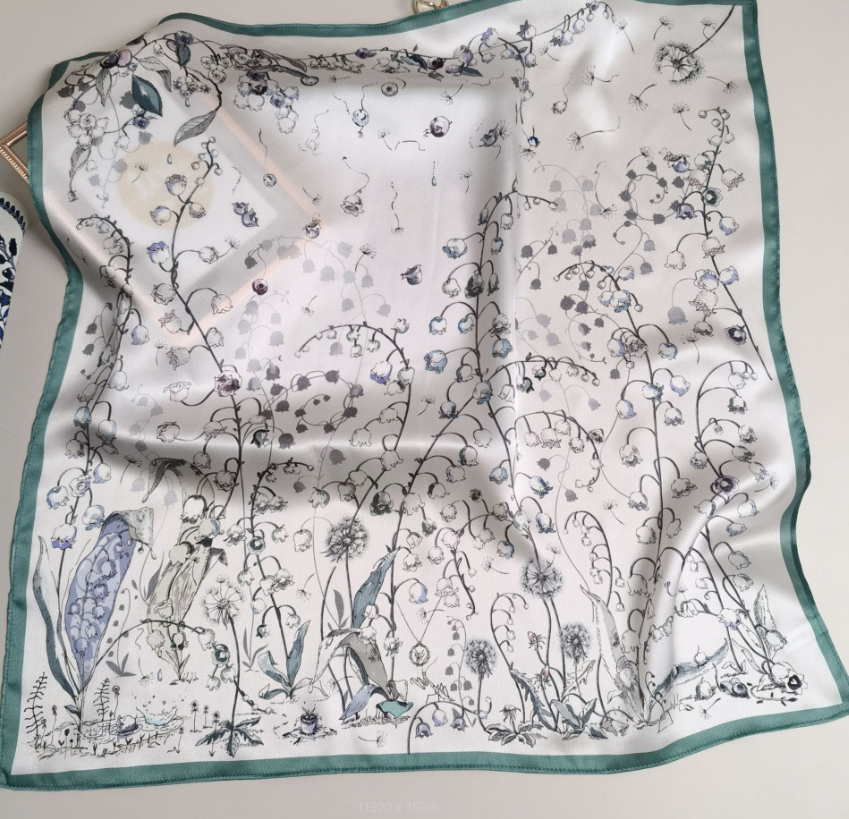 100% Mulberry Silk Scarf Shawl Wrap with Grass Ball Print 21 Inch Bandana  