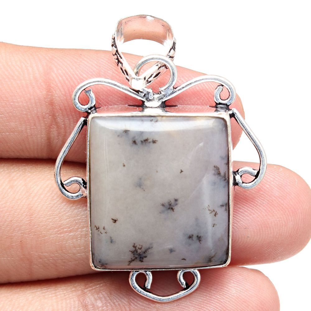 Handmade Silver Pendant with Dendritic Opal Gemstone for Mother's Day 1.75 Inch