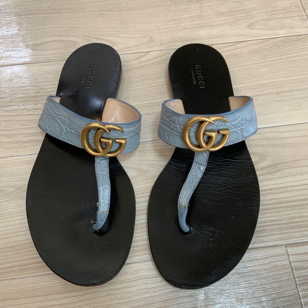 Gucci GG Marmont Crocodile Leather Thong Sandals Men's Size 9 Blue