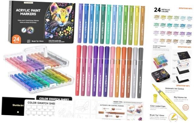 Automatic Ink Control Acrylic Paint Markers,  24 Metallic Colors Brush Tip