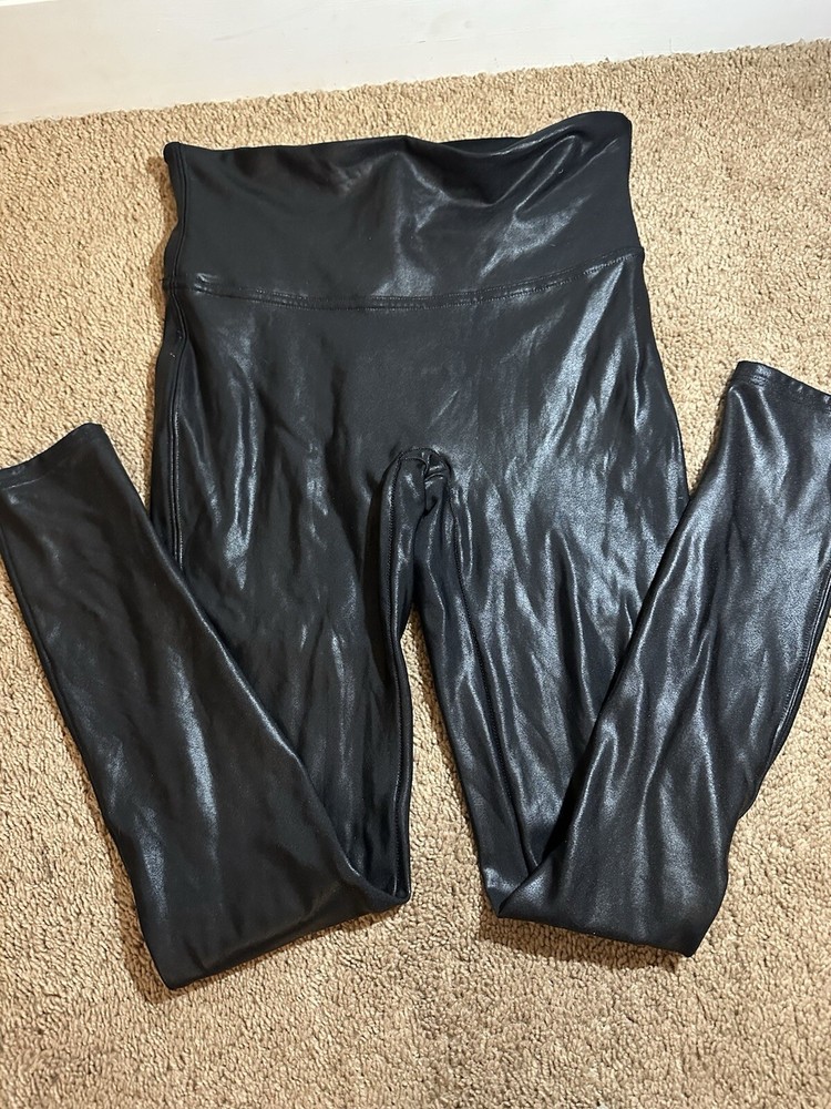 Spanx Womens Petite Medium Black Faux Leather Leggings 2437Q
