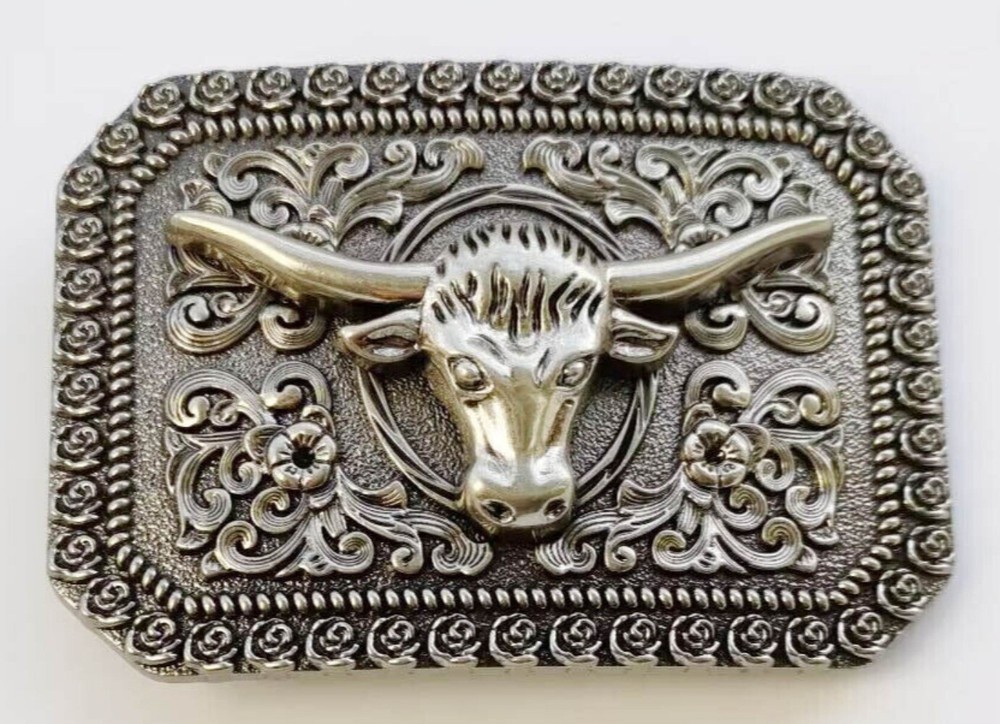 Bull Floral Western Belt Buckle Vintage Style Metal Men Women Cowboy Rodeo Wear